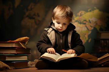 In an inspiring educational concept, a cute little boy sits engrossed in a book, surrounded by a diverse collection of books, against the backdrop of a world map.