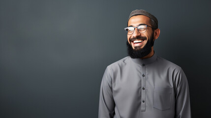 Portrait of a happy muslim man in gray background with copy space