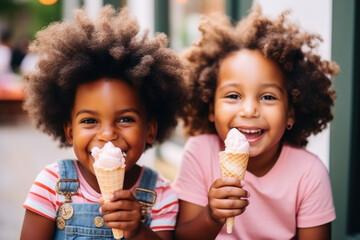 Portrait of two cute african american girls eating ice cream outdoors - obrazy, fototapety, plakaty