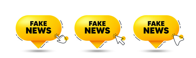 Fake news tag. Click here buttons. Media newspaper sign. Daily information symbol. Fake news speech bubble chat message. Talk box infographics. Vector