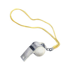 Watercolor drawing of football whistle on yellow lace. Scillfully painted illustration isolated on white background. For leaflets logo banners icon cards