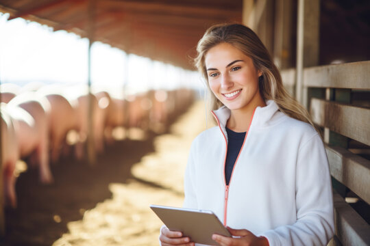 Portrait of young woman farmer with tablet standing in pig farm