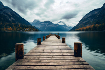 Wooden dock sitting on top of lake next to mountains.