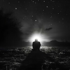 black and white photo of a lonely man in the dark, generative Ai