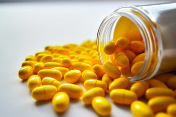 Jar filled with yellow pills on top of table.