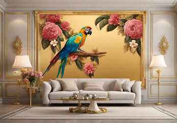 Tropical Elegance Decor, 
Vibrant Parrot Impressions, 
Exotic Living Room Ideas, 
Bird Lovers' Retreat, 
Colorful Winged Companions