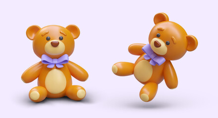 3d realistic teddy bear with purple bow in different positions. Colorful toy for children. 3d object for advertising campaign of toy store. Vector illustration in purple colors