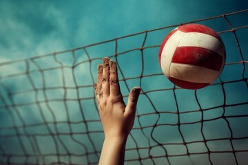 Playing beach summer volleyball. Hand serve volleyball action. Generate Ai