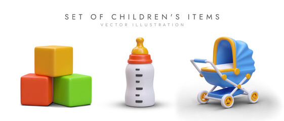 Set of children items. Colored cubes, bottle with nipple, stroller. Isolated objects with shadows. Icons for children store website. Section of toys, food, transportation - obrazy, fototapety, plakaty