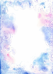 Frame. White space for text. Watercolor blur frame edges. Different shades of blue and pink. Blue decorative lines. Dashes, spirals and dots.