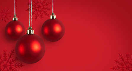 Christmas red balls and snowflakes on a red background. Christmas background. Christmas card.