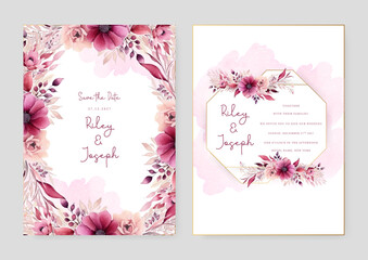 Pink peony and rose set of wedding invitation template with shapes and flower floral border