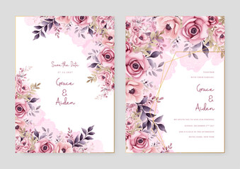 Fototapeta na wymiar Pink rose artistic wedding invitation card template set with flower decorations