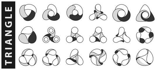 Triangle logos set. Yin and yang overlapping emblems. Optical intersection signs. Retro 3D overlay icons with halftone polka dots effect. Vector impossible shapes for vintage label, fintech startup.