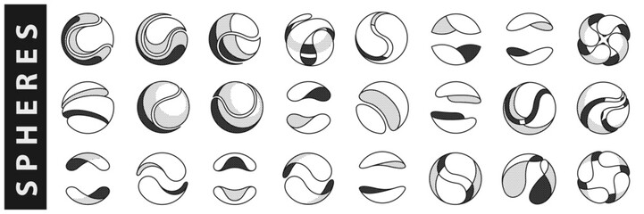 Fototapeta premium Sphere logos set. Yin and yang overlapping emblems. Optical intersection signs. Retro 3D overlay icons with halftone polka dots. Vector impossible shape for vintage label, fintech startup.