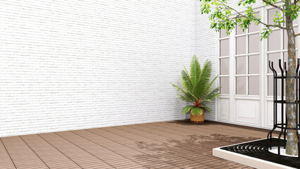 Empty outdoor luxury courtyard with trees, white brick wall, glass door in sunlight on brown wood...