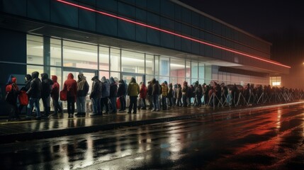 Huge queue at an outdoor store on Black Friday sale day. - obrazy, fototapety, plakaty