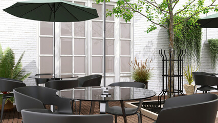 Outdoor courtyard of luxury restaurant, cafe with glass table with umbrella, black chair, green trees in sunlight on white brick wall, door for exterior design decoration product background 3D
