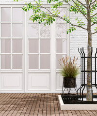 Empty outdoor luxury courtyard with trees, white brick wall, glass door in sunlight on brown wood...