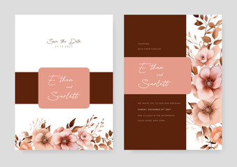 Pink and brown orchid set of wedding invitation template with shapes and flower floral border
