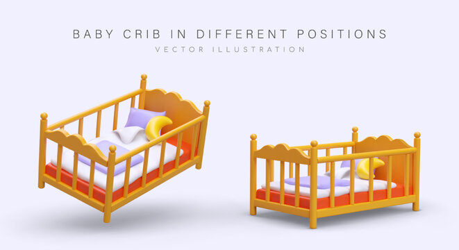 Baby crib in different positions. Bed, top and side view. Cute baby bedding accessories. Isolated illustrations for children shop. Set of color images for web design