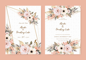 Pink rose and poppy wedding invitation card template with flower and floral watercolor texture vector