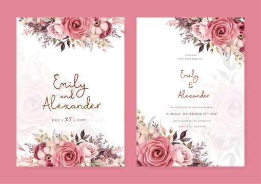 Pink rose vector wedding invitation card set template with flowers and leaves watercolor
