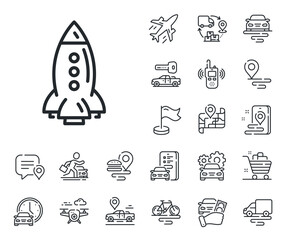 Spaceship transport sign. Plane, supply chain and place location outline icons. Rocket line icon. Aircraft symbol. Rocket line sign. Taxi transport, rent a bike icon. Travel map. Vector