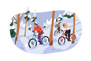 Cyclists travel in winter forest in snow. People riding mountain bikes in nature in cold weather. Friends on bicycles outdoors. Extreme sport. Flat vector illustration isolated on white background