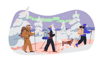 People trekking on winter holiday. Hikers and dog walking in snow, cold weather. Friends tourists hiking with poles. North adventure, travel. Flat vector illustration isolated on white background