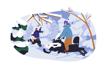Riders on snowmobile, snow scooter on winter vacation. People riding, driving snowmachine, skimobile. Extreme adventure in northern forest. Flat vector illustration isolated on white background