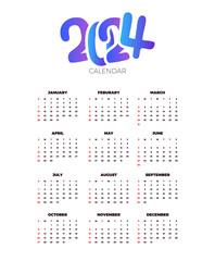 Calendar 2024 template vector. simple minimal design. Planner 2024 year. Wall calendar 2024 year.