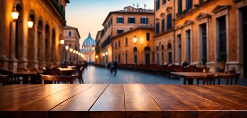 Fototapeten The empty wooden table top with blur background of Rome. AI generative © ณรงค์วิทย์ สุขใจ