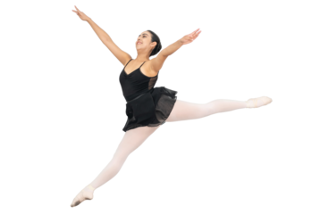 hispanic smiling ballerina png isolated on white or transparent background. ballet dancer jumping in the air