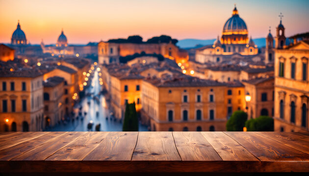The empty wooden table top with blur background of Rome. AI generative