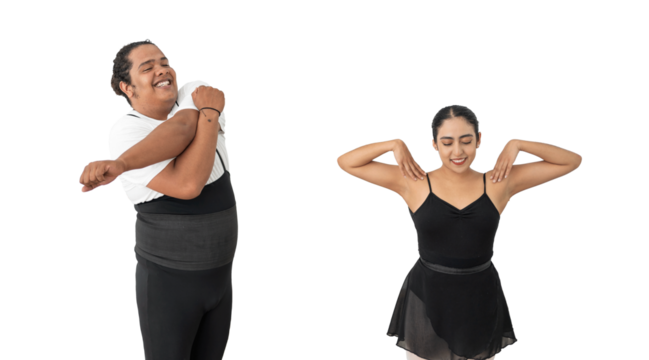 male and female ballerina ballet dancer stretching or warming up, png isolated on a white or transparent background