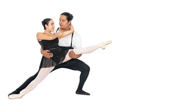 hispanic ballerina performing classical ballet with a smiling african american male dancer png isolated on a white or transparent background, ballet dancer couple practicing