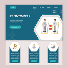 Peer-to-peer flat landing page website template. Basic income, digital banking, online loan. Web banner with header, content and footer. Vector illustration.
