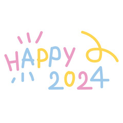 Happy 2024 handwriting in pastel colour for New Year celebration decoration, cute sticker, tattoo, fabric print, social media post, ads, brand logo, icon, card