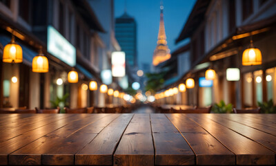 Naklejka premium The empty wooden table top with blur background of Bangkok. AI generative
