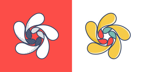 Abstract logo. Yin and yang overlapping emblem. Optical intersection sign. Retro 3D overlay icons with halftone polka dots and color shift. Vector impossible shape for vintage label, fintech startup.