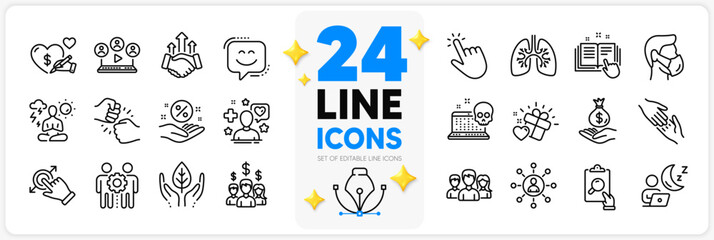 Icons set of Smile face, Love gift and Income money line icons pack for app with Networking, Medical mask, Inspect thin outline icon. Helping hand, Salary employees, Fair trade pictogram. Vector