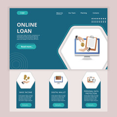 Online loan flat landing page website template. Basic income, digital wallet, personal data protection. Web banner with header, content and footer. Vector illustration.