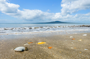 Takapuna Beach with Rangitoto Island in the background. Selective focus on the seashells in...