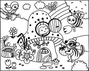 Find to Objects and Little Animals in the Nature. Hidden Objects Educational Game. Black and WhiteVector Illustration for Children.