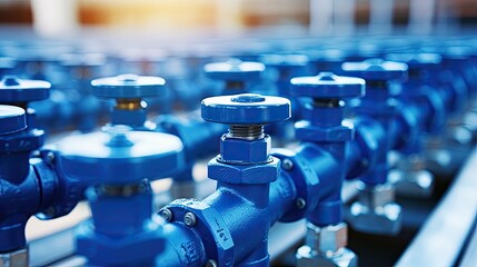Closeup blue taps with valve for drinking water pipeline in industry - obrazy, fototapety, plakaty