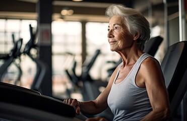Obraz premium Elderly woman focused on treadmill workout in modern gym