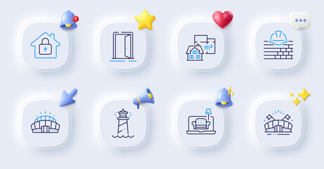 Open door, Build and Lock line icons. Buttons with 3d bell, chat speech, cursor. Pack of Lighthouse, Furniture, Floor plan icon. Arena stadium, Sports arena pictogram. For web app, printing. Vector