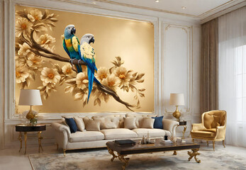 Colorful Bird Aesthetics, 
Exotic Retreat Wallpaper, 
Vibrant Living Spaces, 
Bird and Nature-Themed Rooms, 
Tropical Getaway at Home