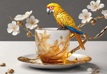 Parrot Perched by the Teacup, 
A Cup of Tea and a Colorful Companion, 
Teatime with a Charming Parrot